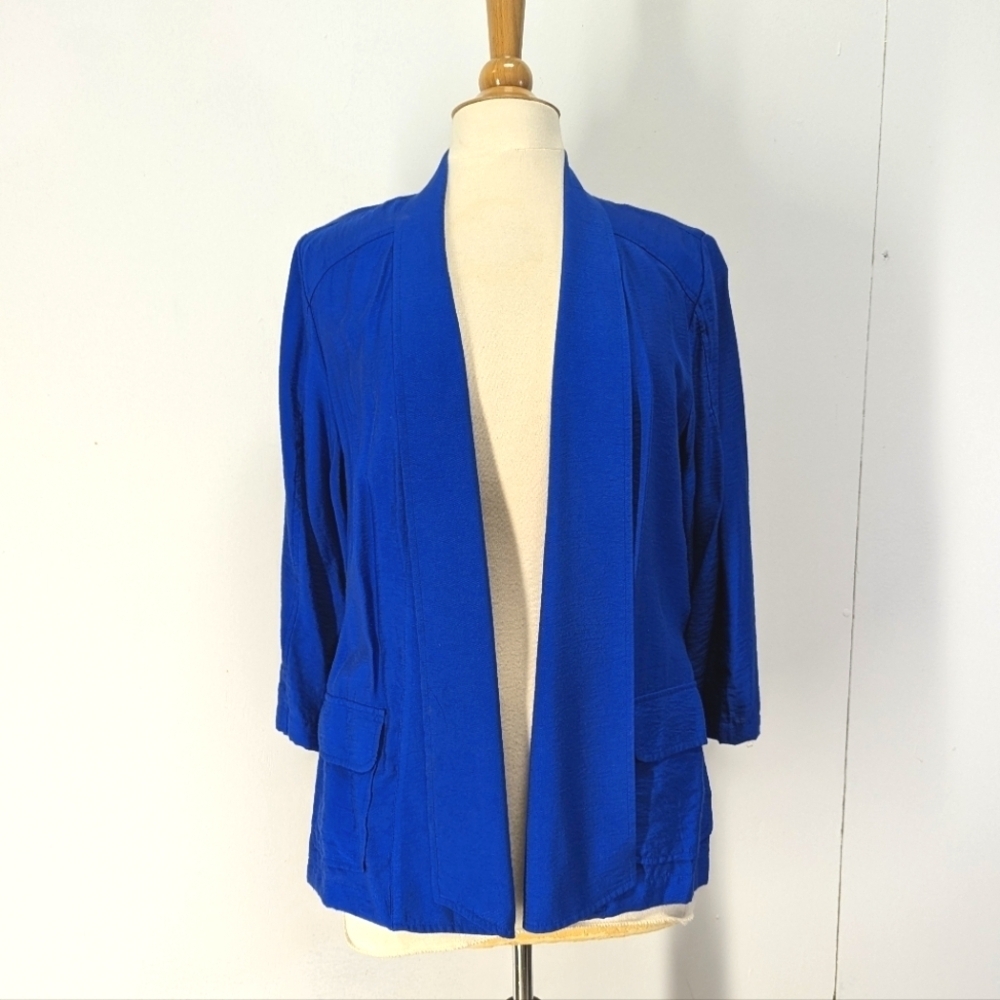 Chicos Royal Blue Open Front Ruched side Blazer 1 M 8 Elastic Sides Fitted Light